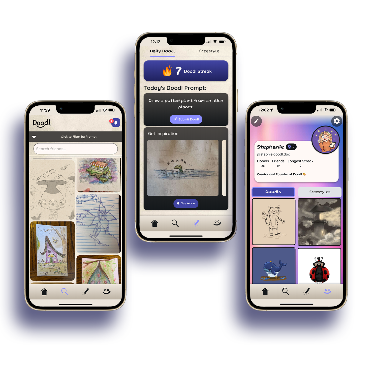 Doodl app showing daily prompts, community feed, and profile features